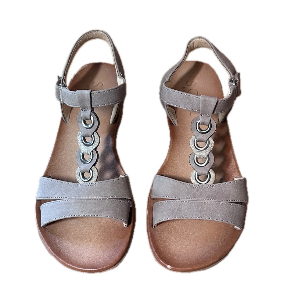 SOUL Naturalizer Shelly Taupe T-Strap Wedge Sandals Womens 7.5M Low Heel